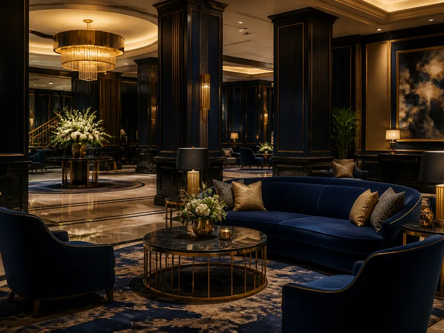 Szállodai lounge terület, ahol vendégtéri munkatársak dolgoznak